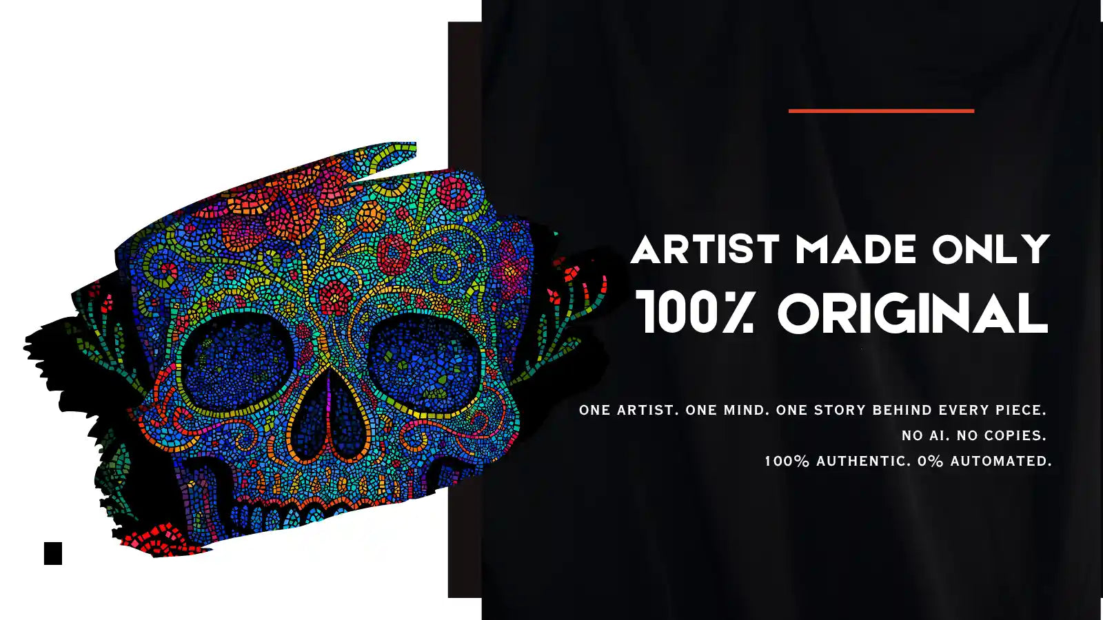 Colorful skull design on a black background with text claiming originality.