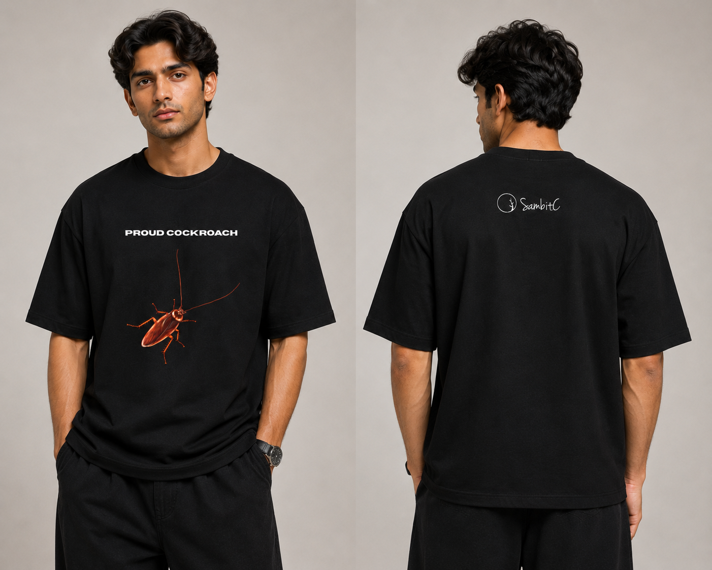 Male Model wearing a black t-shirt with a graphic design on the front and text on the back, against a plain background.