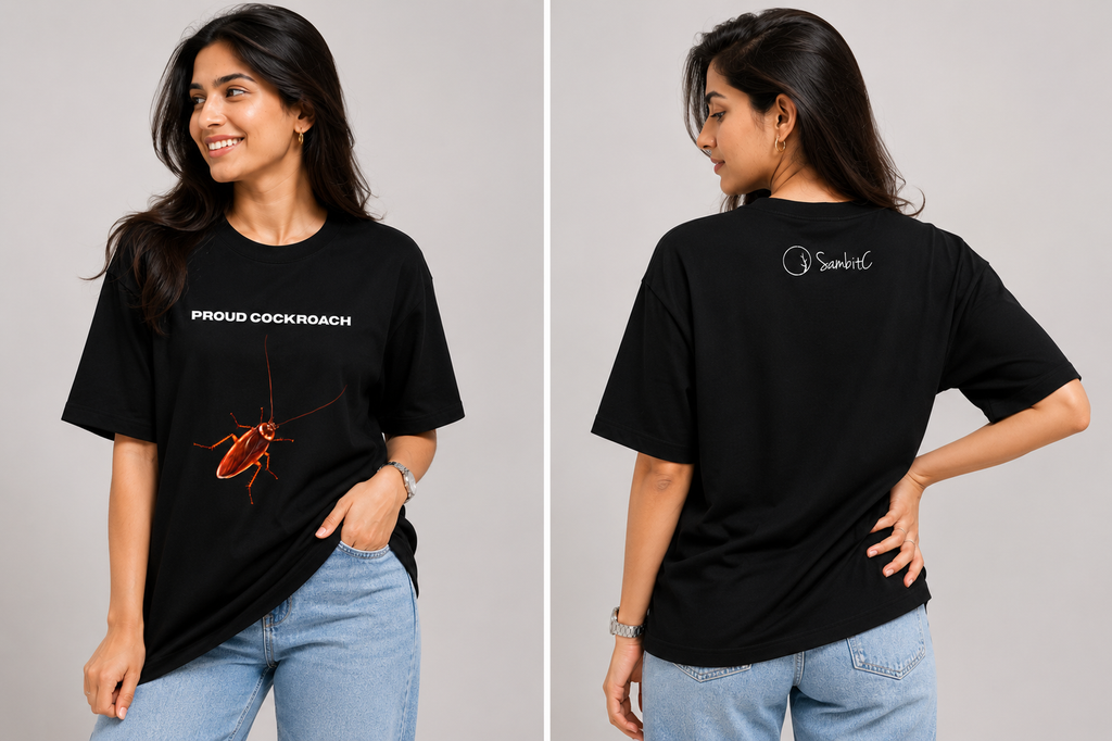Female Model wearing a black t-shirt with text and graphics, shown from front and back.