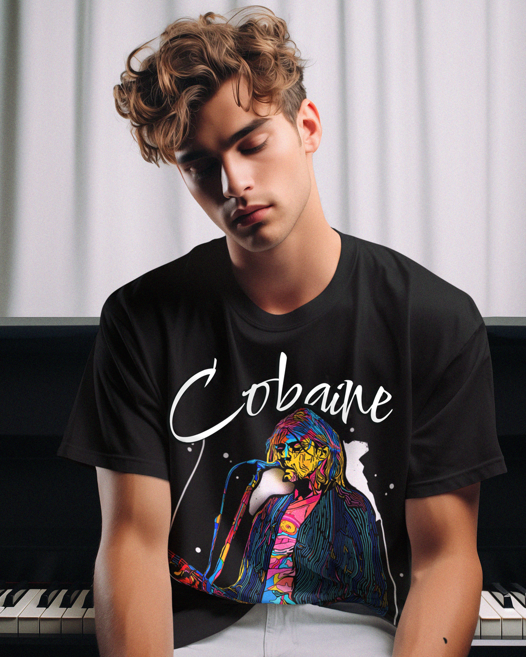 Model wearing LMNO Cobaine oversized black tshirt sitting