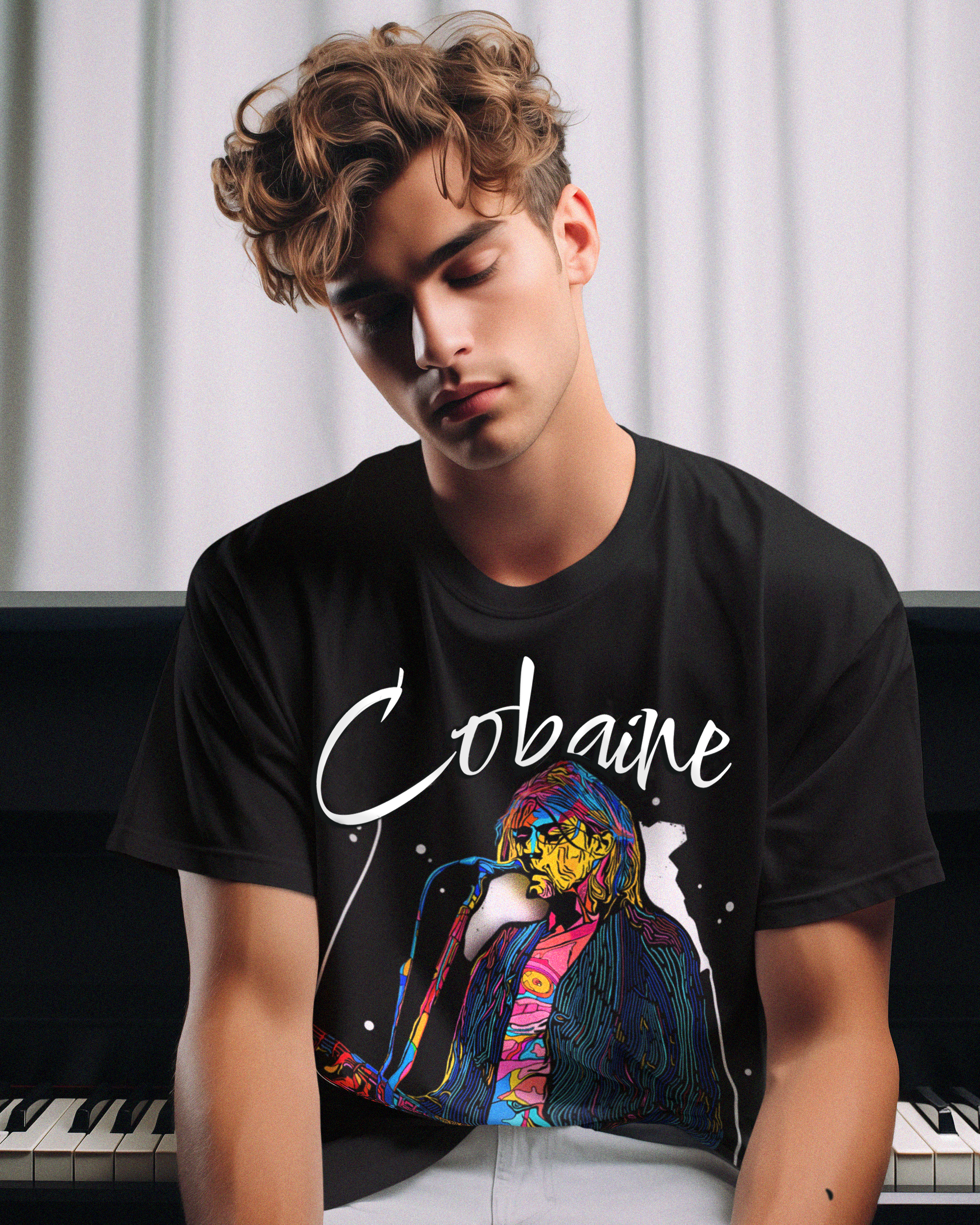 Model wearing LMNO Cobaine oversized black tshirt sitting