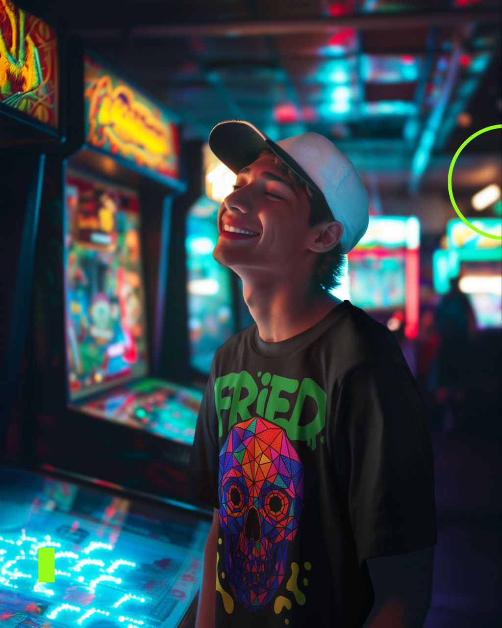 Model wearing psychedelic neon skull oversized black t-shirt by LMNO streetwear, smiling with a cap under neon lights