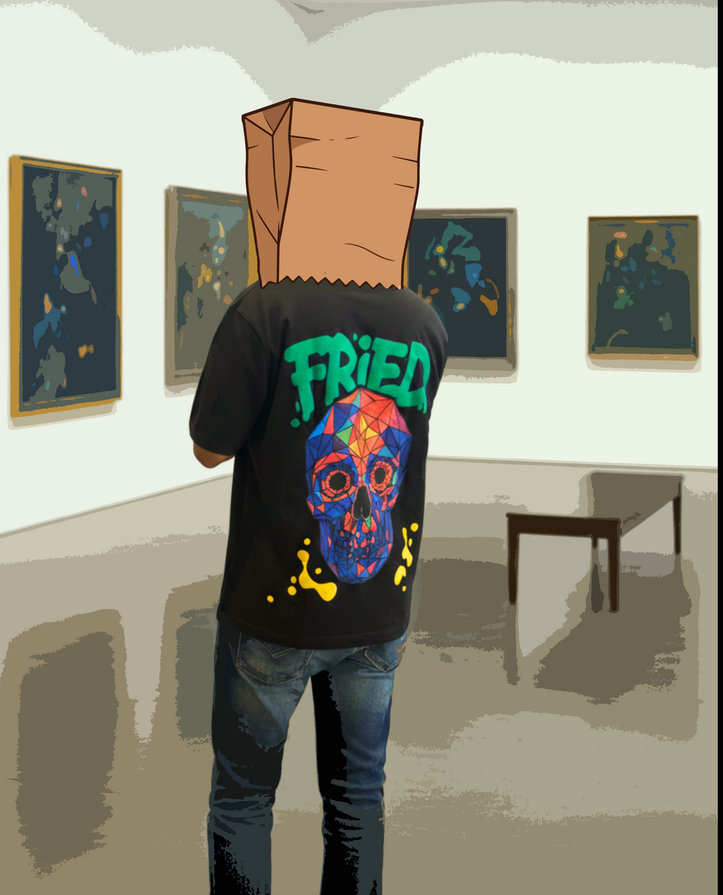 Model wearing psychedelic neon skull oversized black t-shirt by LMNO streetwear with a paper bag on his head, enjoying an art exhibition