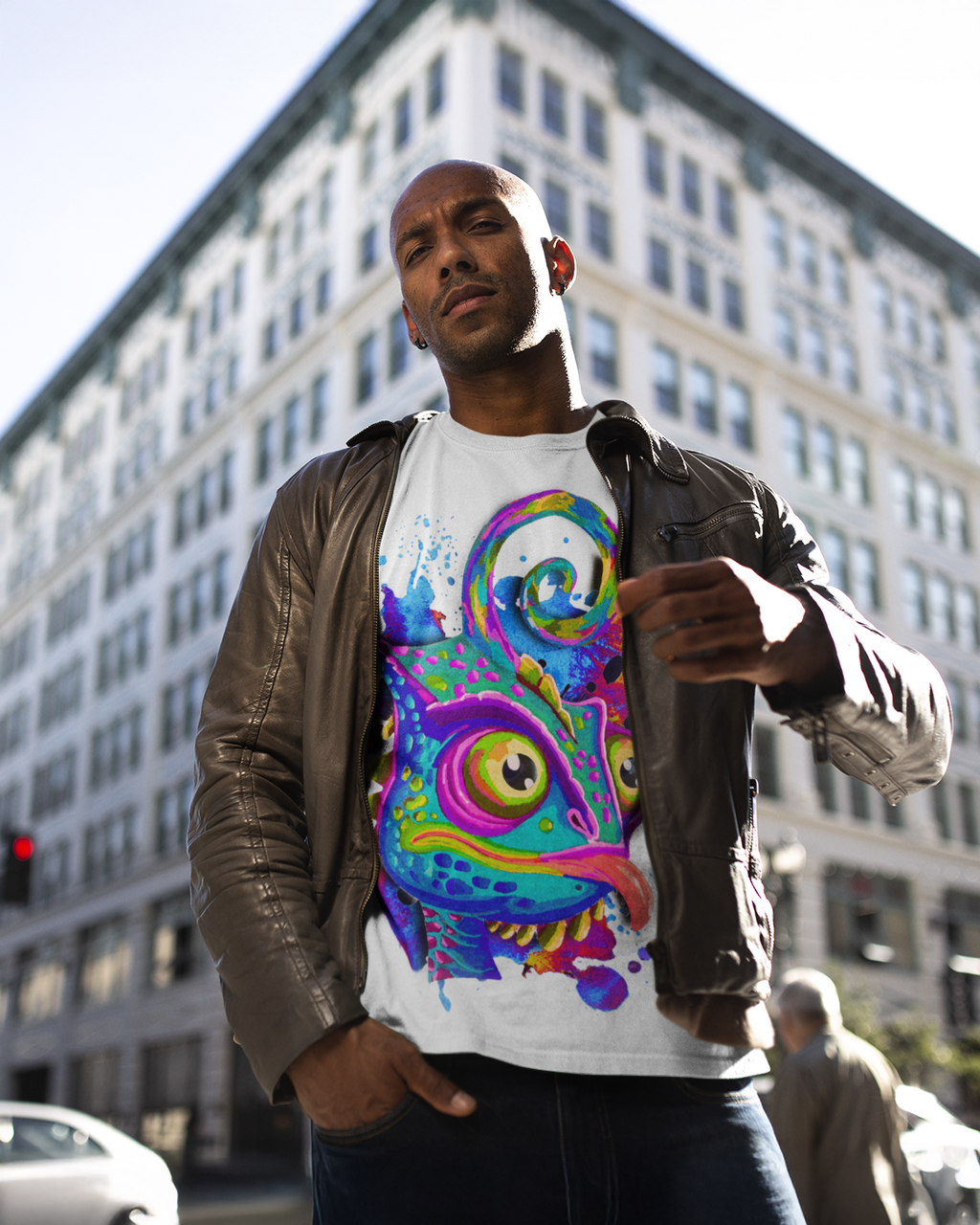 Man wearing Gobsmack white lmno t-shirt shown from the front