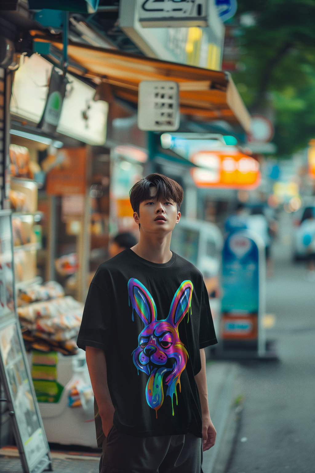 Model wearing JACKRABBIT psychedelic rabbit oversized t-shirt by LMNO streetwear, standing on a road and looking at the camera