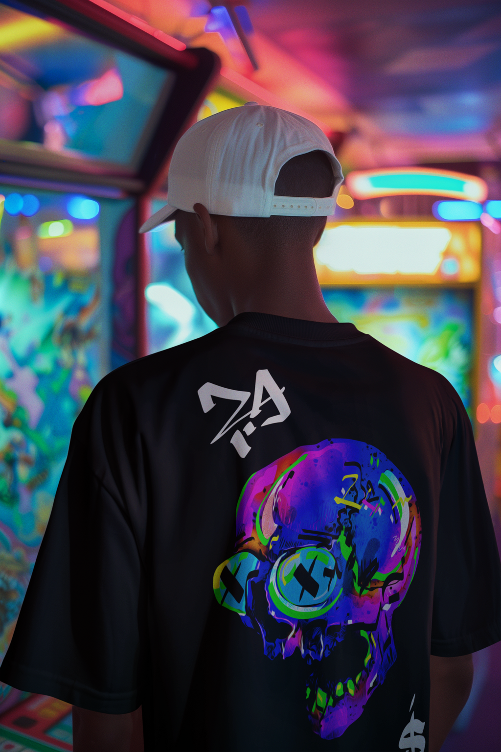 Model wearing OVERDRIVE neon skull oversized t-shirt by LMNO streetwear, back view under neon lights