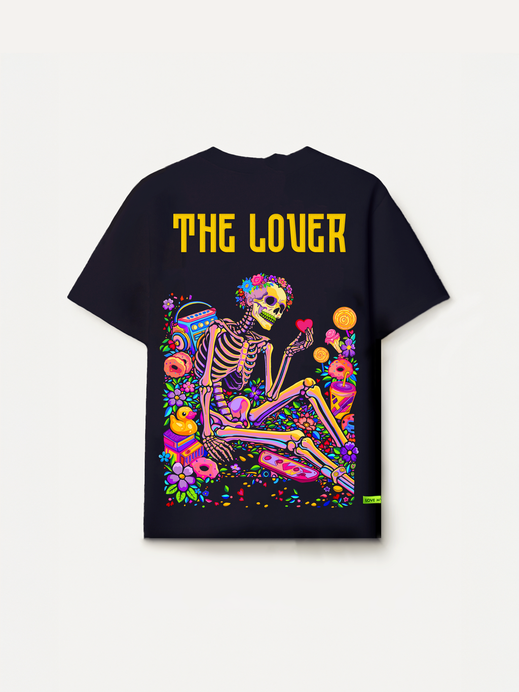 Black t-shirt with colorful skeleton design and 'THE LOVER' text in yellow